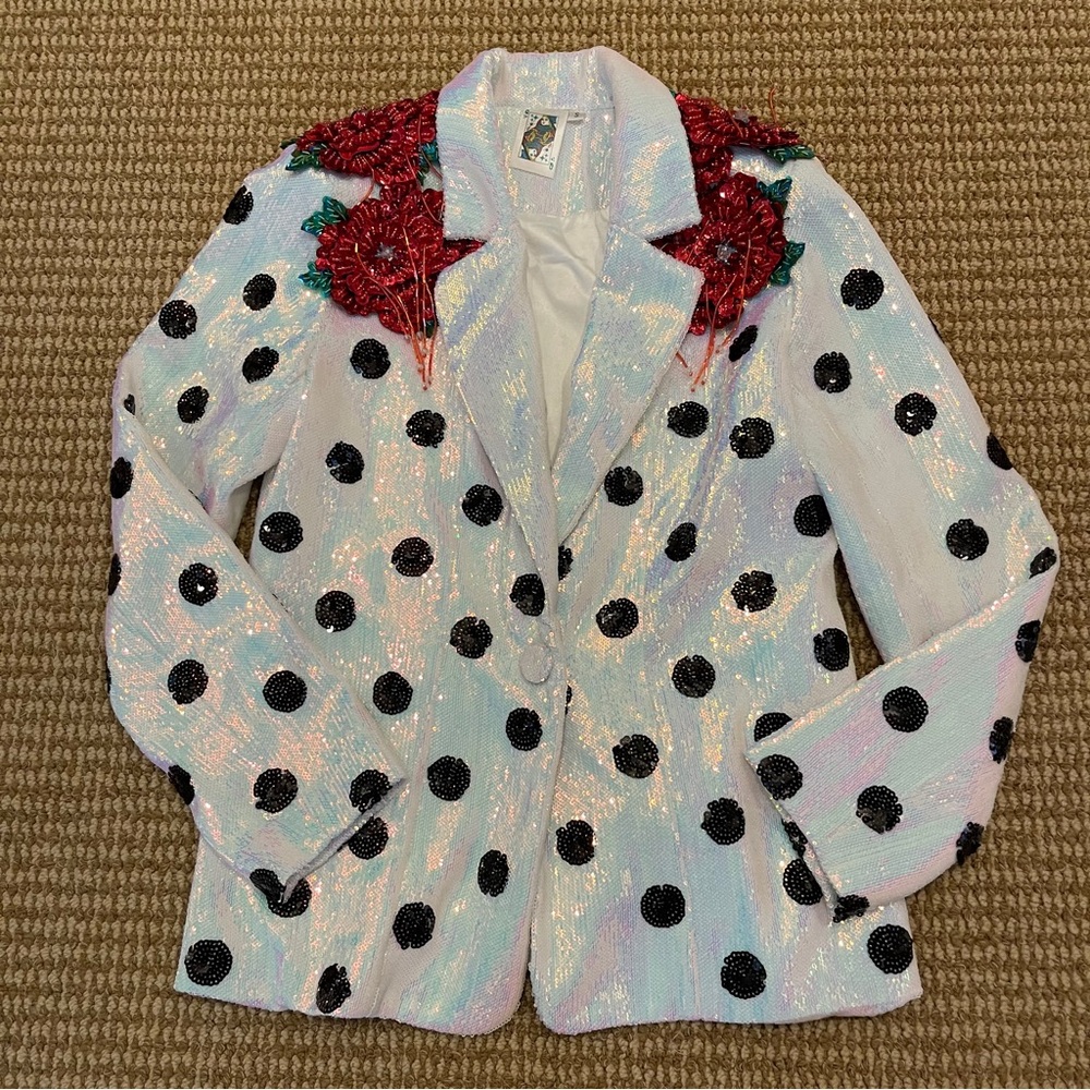 Queen of Sparkles Polka Dot Beaded Floral Blazer Small - Picture 3 of 11